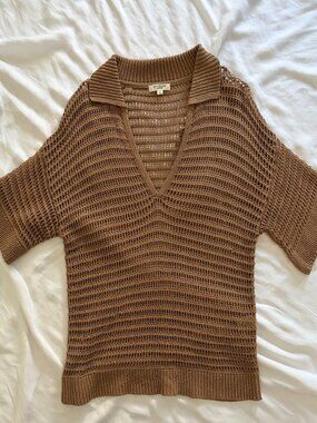 NWOT Max Studio Open Knit V Neck Caramel Tan Sweater Size S
